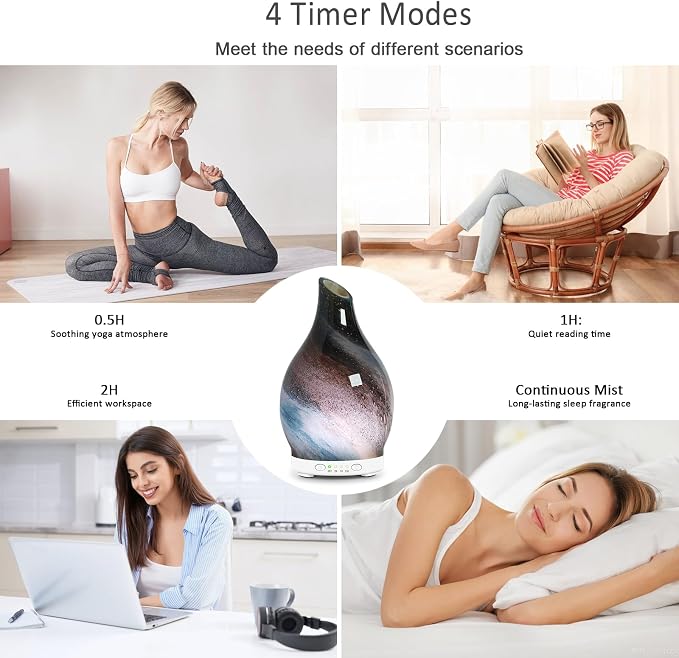 Essential Oil Diffuser 150ML Glass Aromatherapy Diffuser with 4 Timer Settings & 7 Color Changing Lights, Auto Shut-Off, Ultra Quiet Oil Diffuser for Home, Office, Yoga, Spa