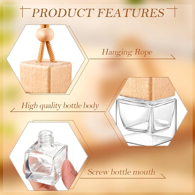 Rtteri 50 Pcs Car Air Fresheners Diffuser for Essential Oil Empty Hanging Bottle Glass Bottles Refillable Perfume Pendant Aromatherapy Fragrance Ornament Decor(Square Style)