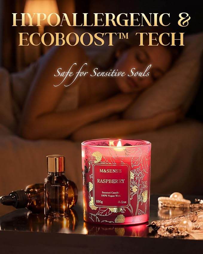 M&SENSE Raspberry Scented Vegan Soy Candles, No Toxin Refreshing Fragrance, 8.1oz 42-Hour Long Burning, Stress Relief Summer Home Candles, Housewarming Gift for Men & Women