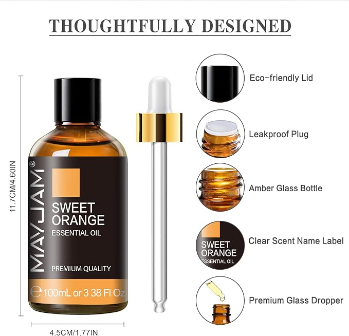 Sweet Orange Essential Oil, MAYJAM 100ml Premium Quality Sweet Orange Oil with Glass Dropper, Huge 3.38fl. oz, Perfect for Aromatherapy and Relaxation