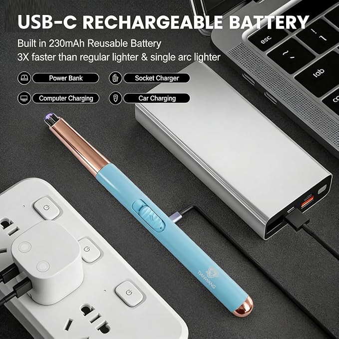 Electric Candle Lighter USB Rechargeable with Safety Lock & LED Display, Windproof Flameless Arc Lighter for BBQ, Camping, Kitchen, Gifts for Women Men (Summer Blue)