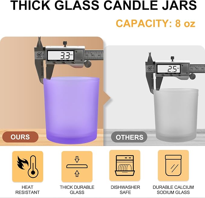 SHOWIN 8 OZ Thick Candle Jars for Making Candles 15 Pcs, Empty Jars with Wood Lids for Candle Making, Sample Container, Frosted Purple
