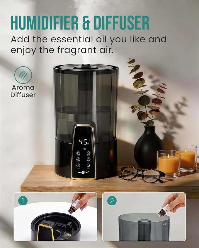 YOKEKON Humidifiers for Bedroom,1.06Gal(4L) Dishwasher Safe Design Easy to Clean,Top Fill,Night Light,Aroma Diffuser,Humidity Control,12H Timer,Sleep Mode,3 Level Mist,360° Nozzle,Home,Nursery,Black