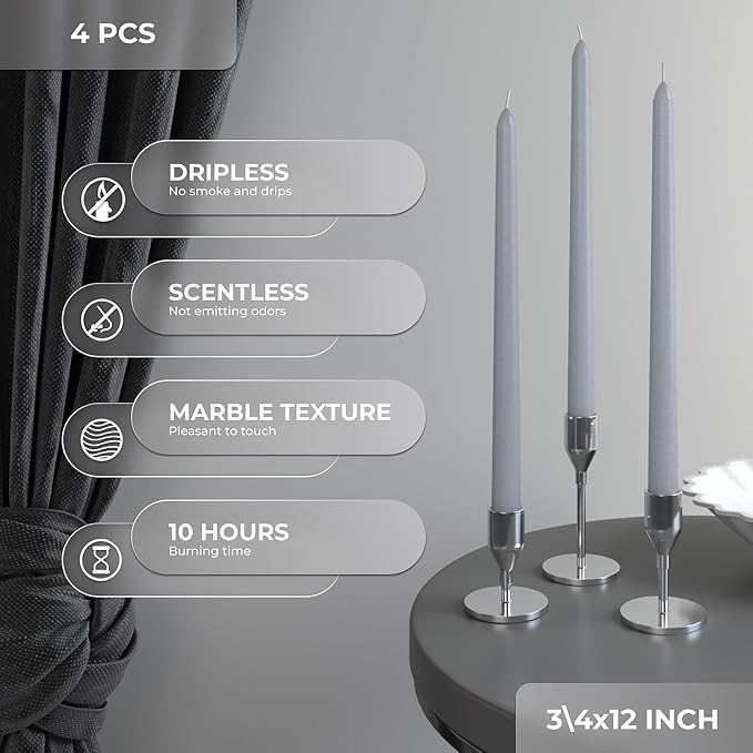 CANDWAX 12 inch Taper Candles Set of 4 - Dripless and Smokeless Candles Unscented - Slow Burning Candle Sticks - Light Gray Candle Taper