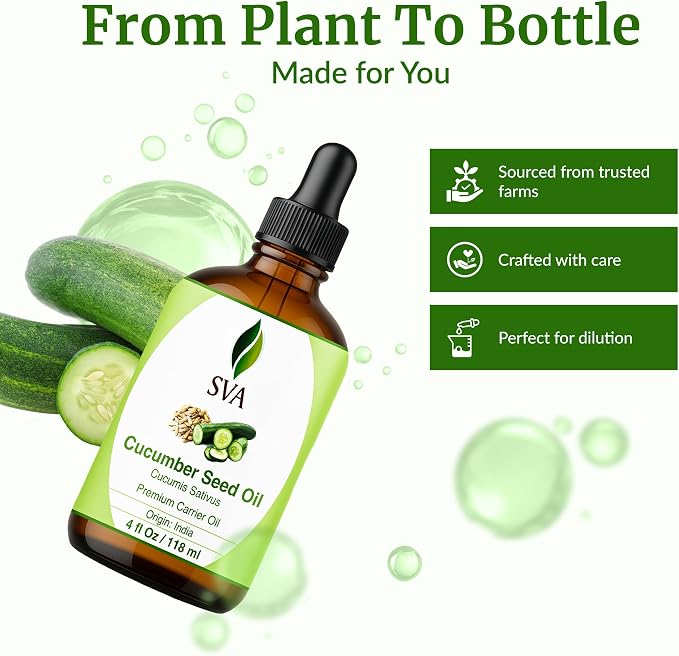 SVA Cucumber Seed Oil - 4 Fl Oz – 100% Natural Cold Pressed Cucumber Oil - for Face, Skin Care, Hair Care, Scalp Massage & Body Massage – Carrier Oil with Dropper