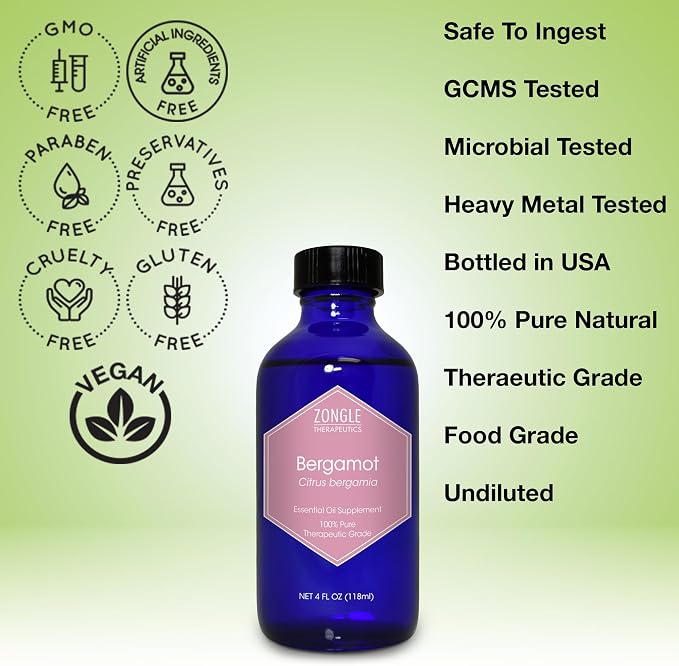 Bergamot Essential Oil, Food Grade, for Tea – 100% Pure, Bergamot Oil, by Zongle Therapeutics, 4 OZ