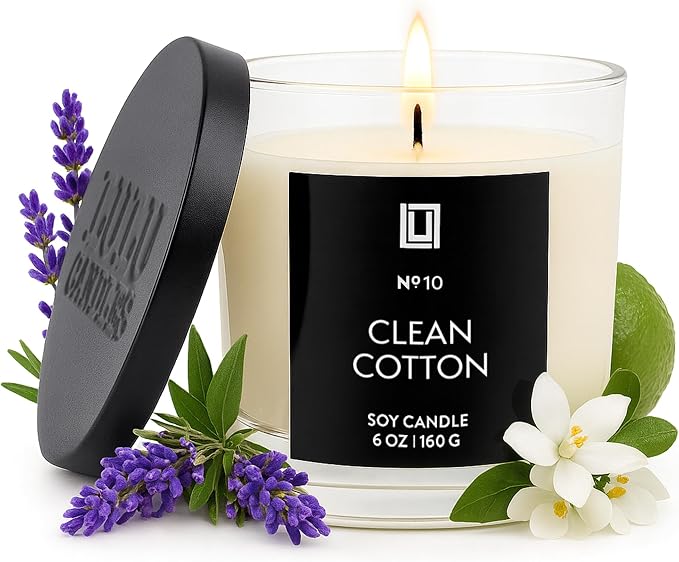 Lulu Candles | Clean Cotton | Luxury Scented Soy Jar Candle | Hand Poured in The USA | Highly Scented & Long Lasting - 6 Oz.