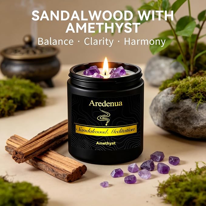 Candle for Meditation and Spiritual Practice - Sandalwood Aromatherapy Candle with Amethyst Healing Crystal, Natural Soy Wax Scented Candle for Yoga Mindfulness, 7oz Long Lasting, Zen Gift