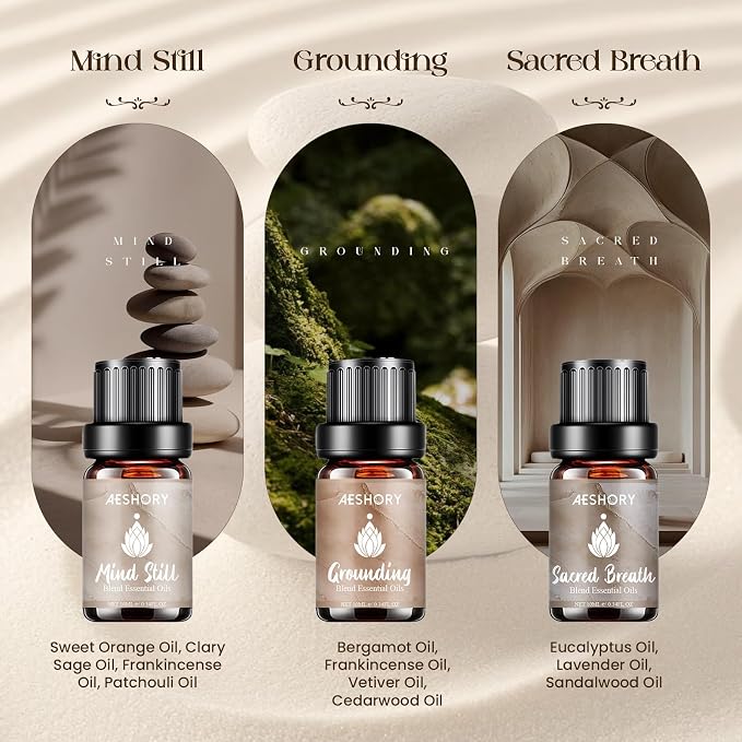 AESHORY Meditation Essential Oils Set, 6 Aromatherapy Blend Oils for Diffusers for Home, Yoga, Mindfulness & Relaxation, Deep Presence, Inner Halo, Grounding, Sacred Breath, Gift Set 6 x 10ML