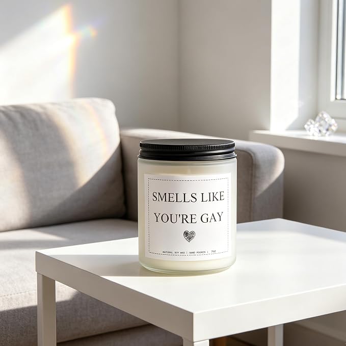 “Smells Like You’re Gay” Candle, Gay Gifts, Gay Pride Gifts for LGBTQ Boyfriend Men Friend Brother, Valentines Day Housewarming Anniversary Birthday Gift, Lavender & Eucalyptus, 100% Soy Wax, 7OZ