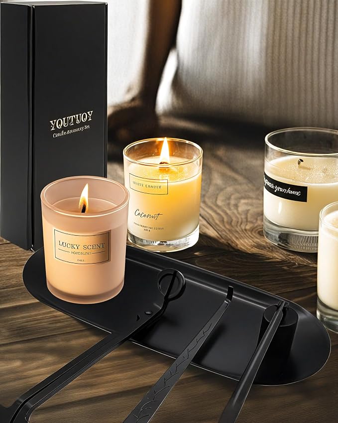 YOUTUOY 4 in1 Candle Accessory Set with Storage Tray Plate, Candle Wick Trimmer, Candle Wick Snuffer, Candle Wick Dipper, Great for Scented Candles Lovers (Matte Black)