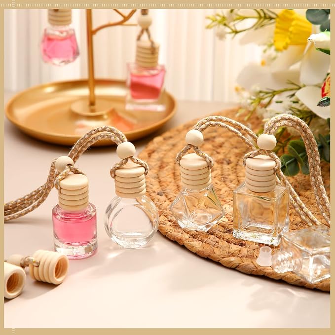 BOTO 100 Pcs Oil Air Freshener Diffuser with Wooden Cap Empty Essential Diffuser Aromatherapy Car Fresheners Clear Car Fragrance Holder Pendant Aesthetic Decor Hanging Perfume Bottle (Various Style)