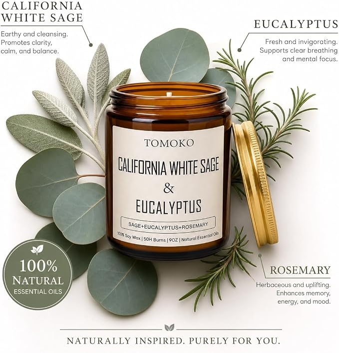 TOMOKO California White Sage & Eucalyptus Scented Candle, 100% Soy Wax, Natural Essential Oils, Amber Jar, 9 oz, 50-Hour Burn