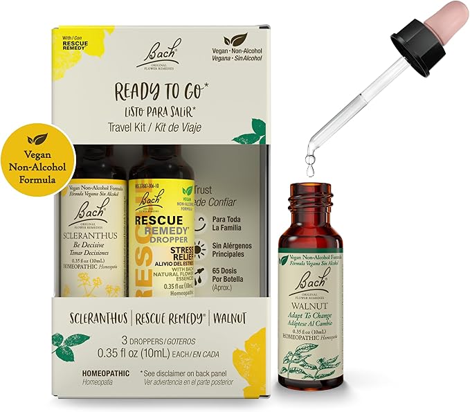 Bach Original Flower Remedies - Ready To Go Trio Kit - For Travel Stress (Non-Alcohol Formula) - Natural Homeopathic Flower Essence - Vegan - 3 x 10mL Droppers