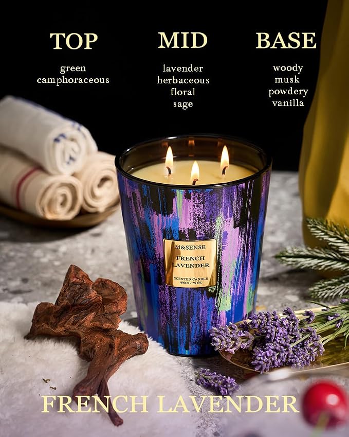 M&SENSE Wild Lavender Scented Candle, Large Jar, 35oz | 150H Burn Time, Non-Toxic Natural Soy Wax, Aromatherapy for Yoga & Sleep, Summer Decor, Self Care Gifts