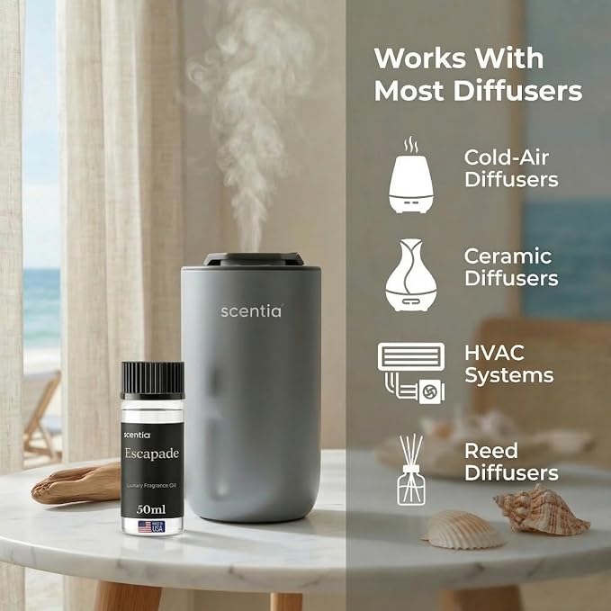 Scentia Escapade Hotel Scent Diffuser Oil – Luxury Fragrance Inspired by 5-Star Resort – 50 mL – Jasmine, Bergamot & Marine Essential Oil Blend for Home, Office & Aromatherapy Diffusers, Made in USA