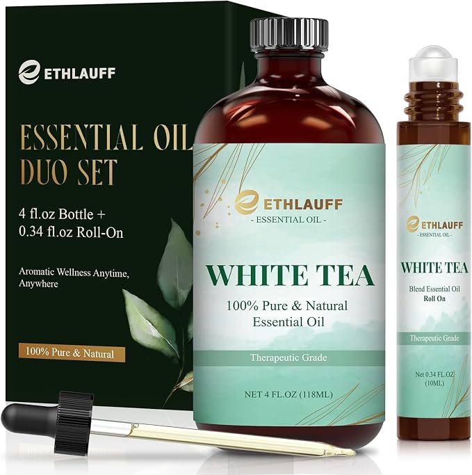 White Tea Diffuser Oil - White Tea Essential Oils for Diffuser Refill & Air Freshener Room Spray, Long-Lasting, Natural Home Fragrance and Scent for Diffusers(4 fl.oz Bottle + 0.34 fl.oz Roll-On)