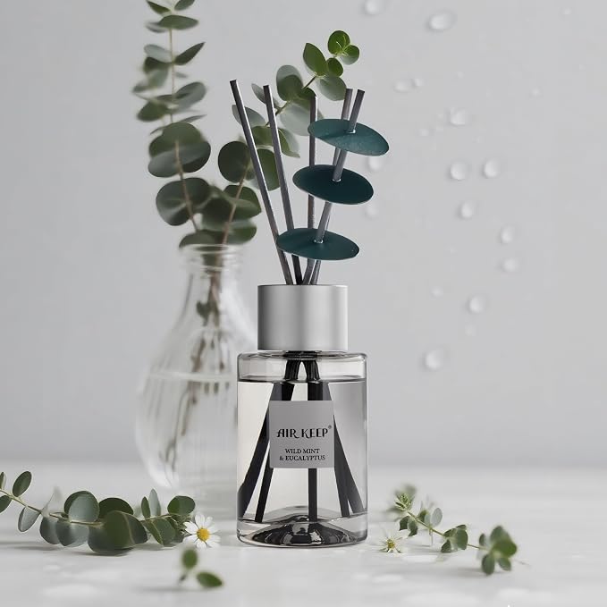 Airkeep Reed Diffuser/Grey Reed Diffuser Set/6.7 oz(200ml)/Wild Mint&Eucalyptus Oil Diffuser & Reed Diffuser Sticks/Home Decor & Office Decor, Fragrance and Gifts