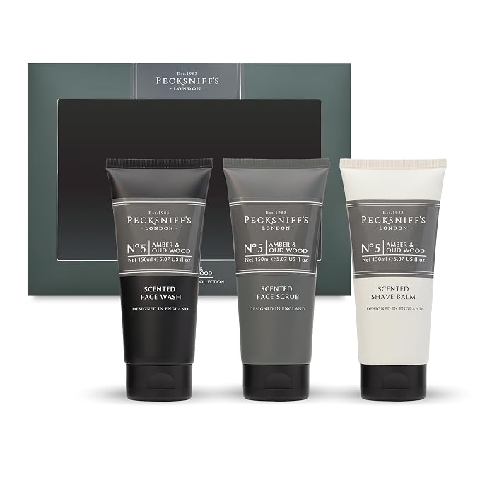 Pecksniff’s Men’s Trio Collection – Amber & Oud Wood – Face Wash, Scrub & Shave Balm Gift Set, 3 x 75ml