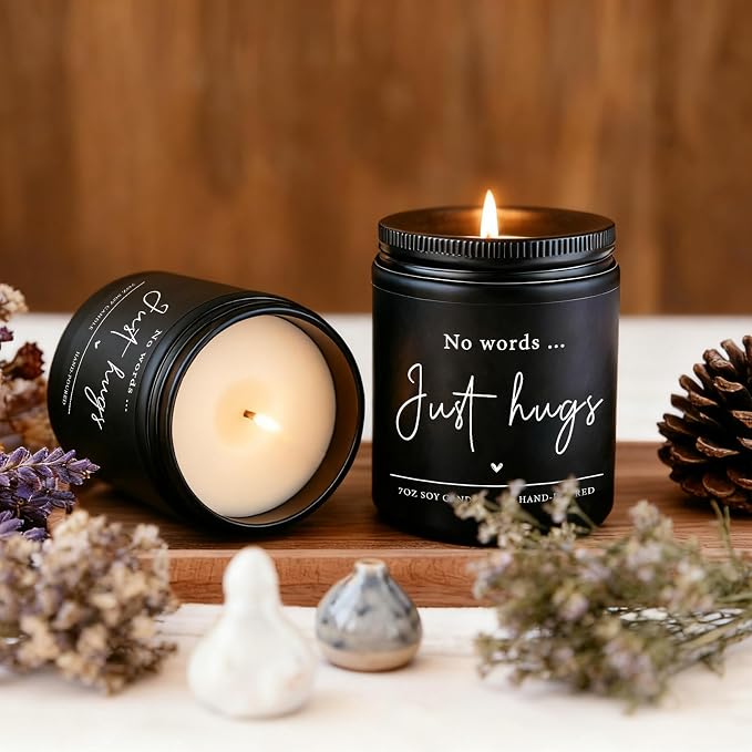 Shqiueos Sympathy Gifts for Loss of Loved One-No Words Just Hugs Lavender Scented Candle, Bereavement Gift Idea, Memorial, Grief, Thinking of You, Get Well, Comfort Condolence Gift (Black)