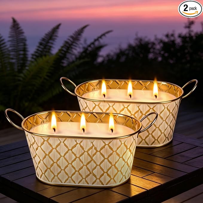 Citronella Candles Outdoor, Large Soy Wax Candle for Patio, 2 Packs 140 Hours Long Burn Lemongrass Citronella Scented Tin Candle for Home, Outdoor, Garden, Yard, Camping, Party, Terrace (3-Wick)