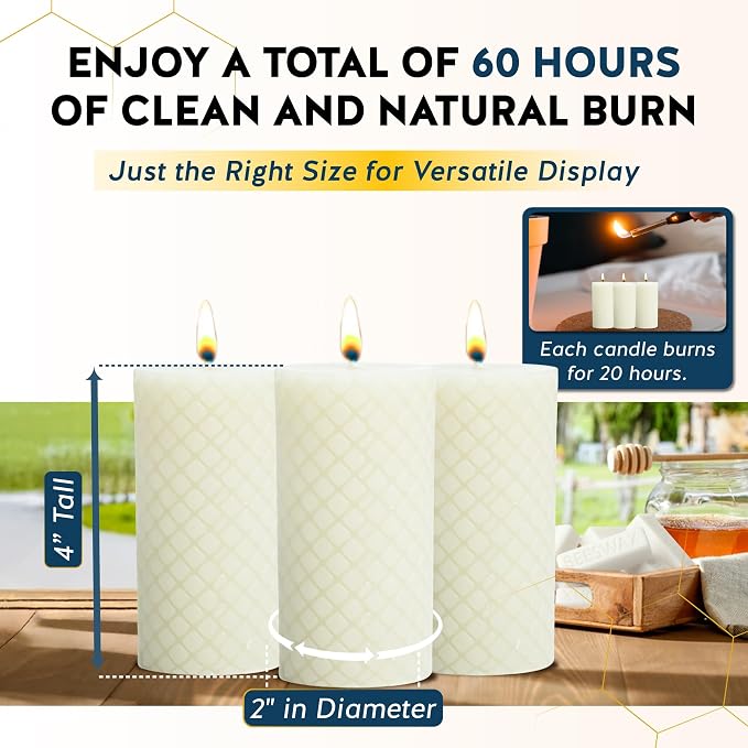 Alternative Imagination Beeswax Diamond Pillar Candles – 3 Pack of 2x4 Inch Unscented Candles - Hand-Poured - Ivory White 100% Pure Beeswax - Natural Honey Aroma - Dripless Long-Burn