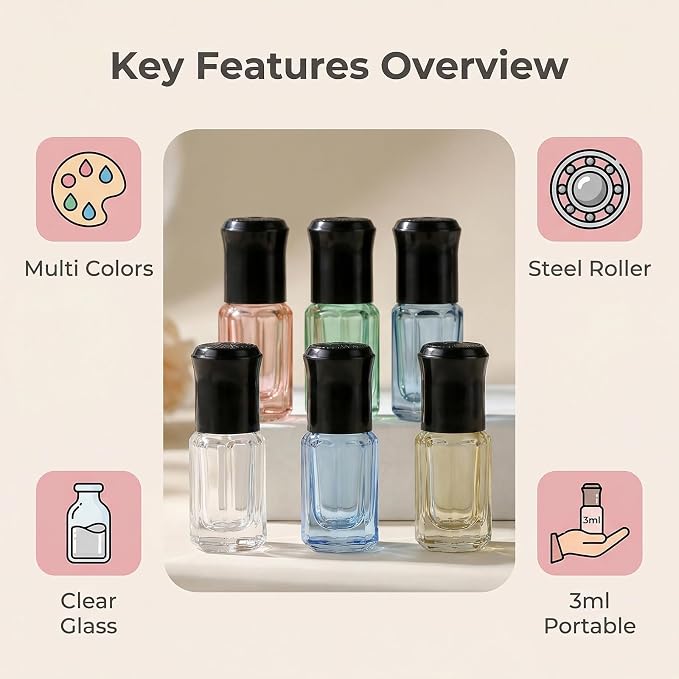 6Pcs 3ML Empty Clear Colorful Octagonal Glass Essential Oil Roller Bottles with Steel Roller Balls and Black Caps Refillable Perfume Roll-on Bottle Sample Dispensers Storage Container Vials Jars