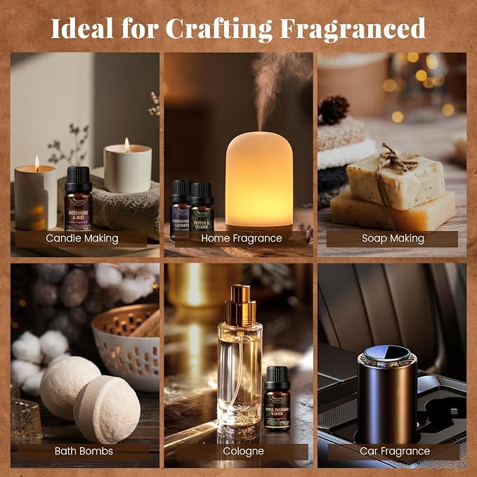Men Essential Oils Set, Gift for Father, Masculine Fragrance Oils Blends for Diffuser, Candle & Soap Making, Car Diffuser Scents, Sandalwood Cedar&Leather, Tobacco&Vanilla More 10x5ml