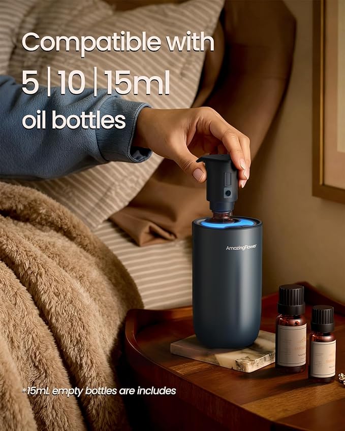 Waterless Diffuser for Essential Oil, Smart Car Air Freshener Diffuser with 3 Mist Grades & 3 LED Light Colors, Auto On/Off, Rechargeable Scent Air Machine