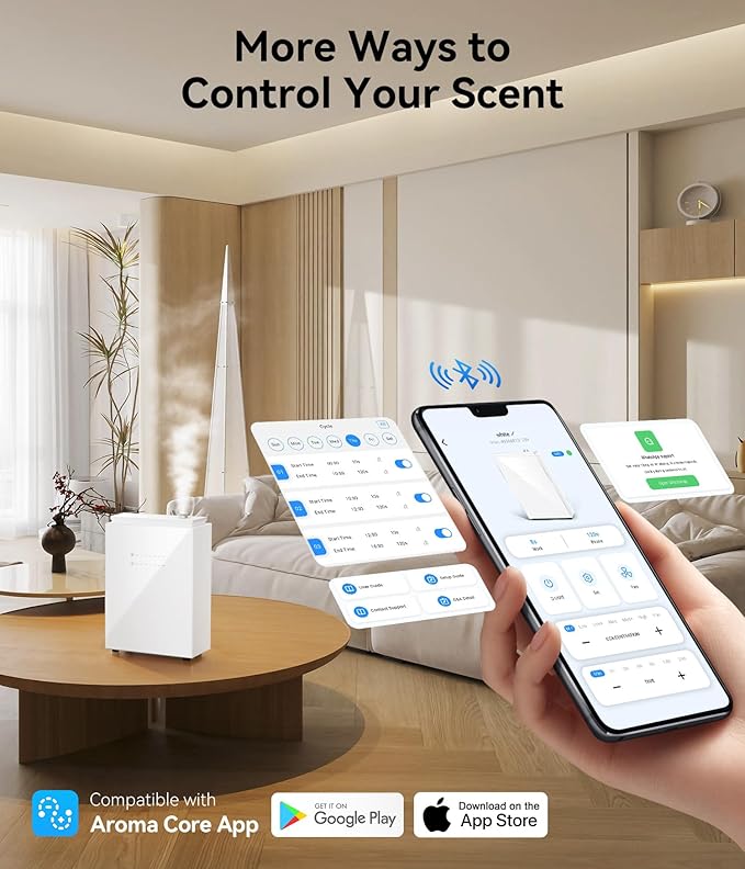 Essential Oil Diffuser - HVAC System, 5500 Sq.Ft Waterless Diffuser, Whole House & Aromatherapy Diffuser, Oil Diffuser for Office Home Large Room, WiFi & Bluetooth App Control, White
