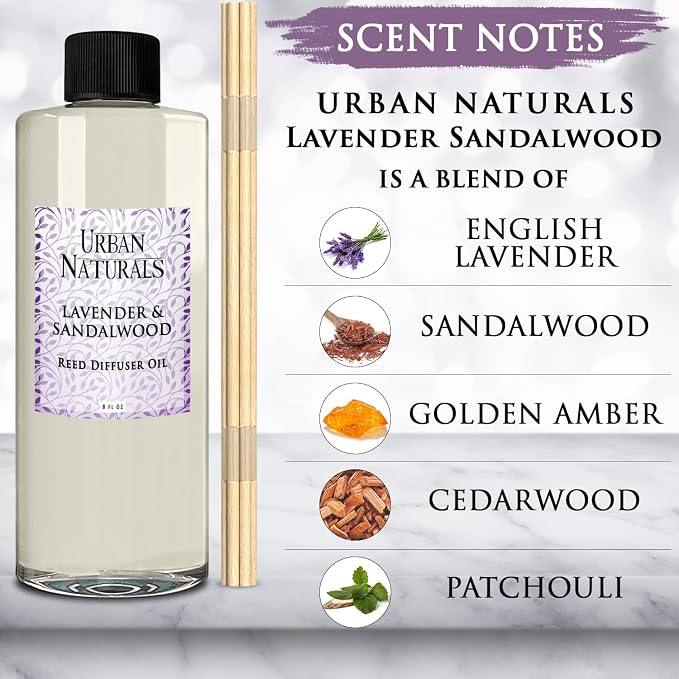 Urban Naturals Reed Diffuser Oil Refill Lavender Sandalwood with Golden Amber, Exotic Woods, Patchouli 8 oz + Free Reed Sticks, Made in the USA