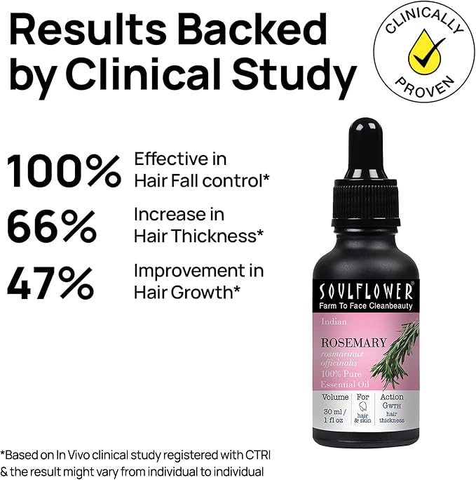 Soulflower 100% Pure Rosemary Oil for Hair Growth, Hair Fall Control, Strengthening, Volumising Hair Oil for All Types | Organic Certified (1 fl oz)