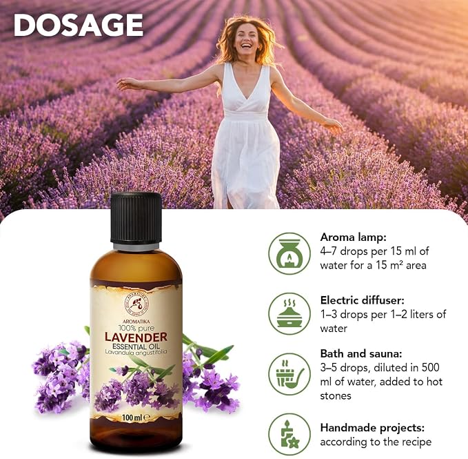 Lavender Essential Oil 3.4 Fl Oz - Lavandula Angustifolia - 100% Pure & Natural use for Tension Relief - Good Mood - Freshen Rooms - for Bath - Sauna - Scented Oils