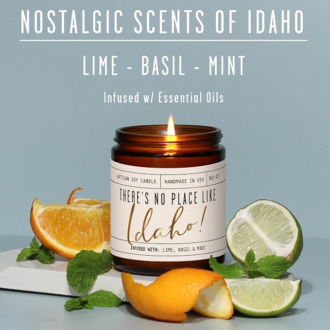 Idaho Gifts, Idaho Decor for Home - 'There's No Place Like Idaho Candle, w/Lime, Basil & Mint I Idaho Souvenirs I Idaho State Gifts I 9oz Jar, 50Hr Burn, USA Made