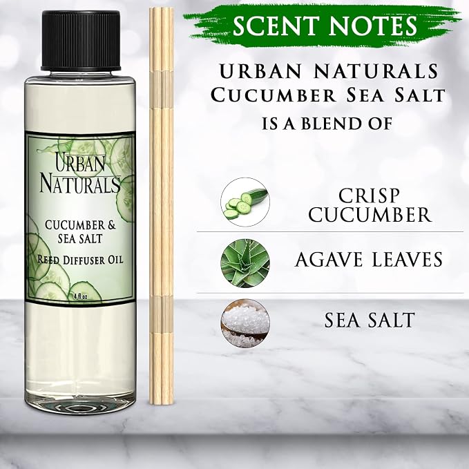 Urban Naturals Cucumber Sea Salt Reed Diffuser Oil Refill Kit | Fresh, Crisp Cucumber, Agave Leaves & Sea Salt | Essential Oil Room Scent + Replacement Reed Sticks | Made in the USA