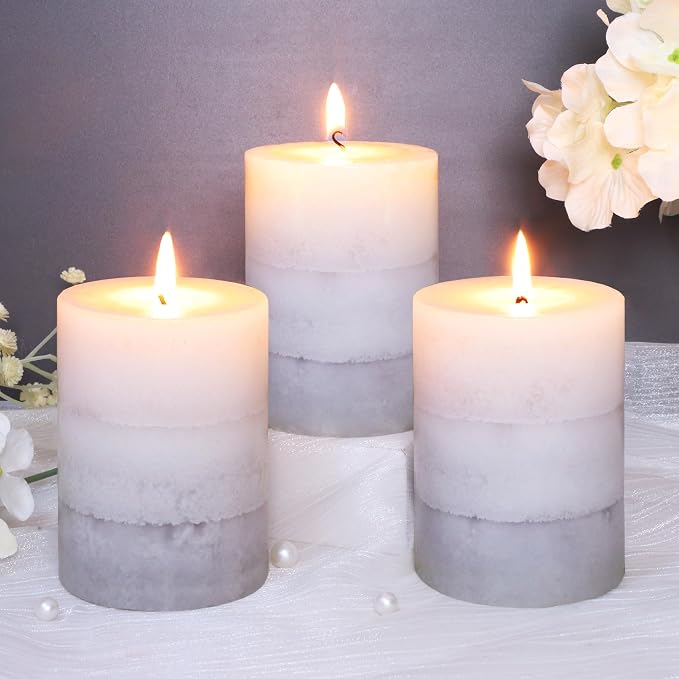 Set of 3 Scented Pillar Candles Creamy Coconut Scented 3" x 4" Long-Lasting Burn Candle White Gray Palette Pillar Candle Clean Burning No Drip Candles Gift for Home Party Dinner Table Decor