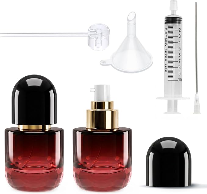 1oz Travel Pump Bottle, 30ml Gradient Glass Liquid Dispensing Bottle with 3 Transfer Tools, Leak-Proof Small Refillable Makeup Containers for Toiletries, Lotion, Essential Oils (Black-Red Gradient)