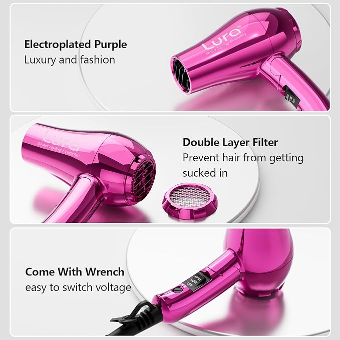 LURA Mini Portable Travel Hair Dryer:Dual Voltage Small Lightweight Blow Dryer with EU Plug,1200W Compact Hairdryer with Folding Handle,with Concentrator&Diffuser Attachment,for Women and Men(Purple)