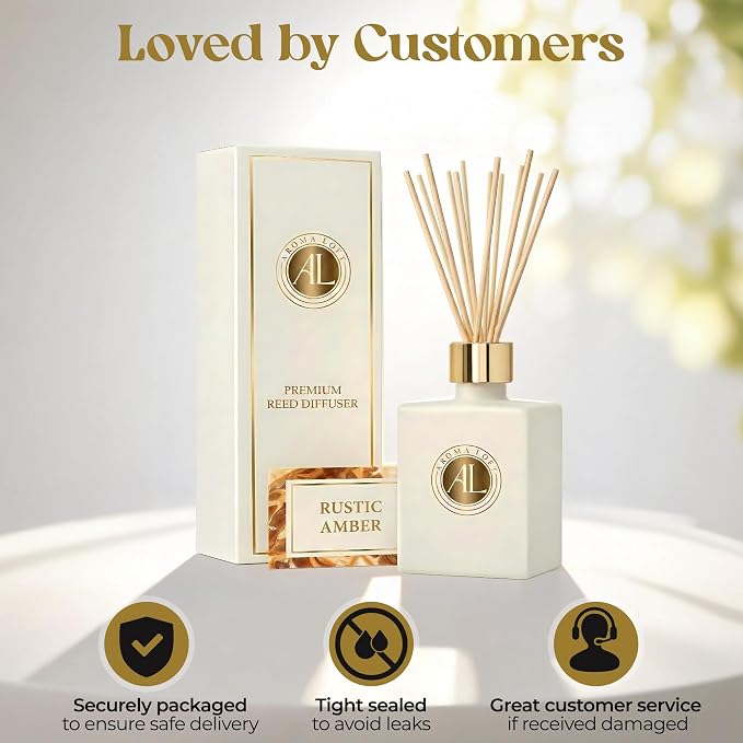 White Reed Diffusers Sticks in Oil Set | Long-Lasting Reed Diffusers for Home, Office, Bathroom, & Bedroom Decor Fragrance Diffuser | White Diffuser (Rustic Amber)