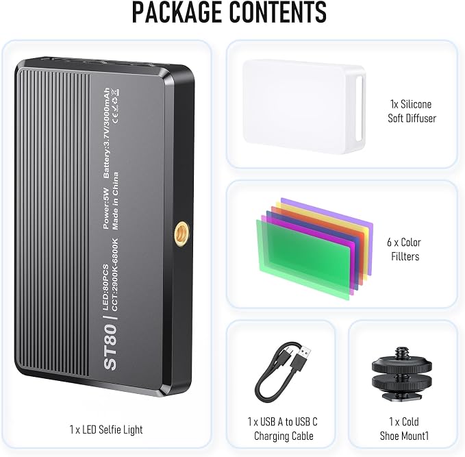 80 LED Video Light, Portable USB Photo Light Dimmable 2500-9000K CRI 95+ 3000mAh Battery with Colored Filters and Clip, Photo Lamp for Phone/iPad/Camera