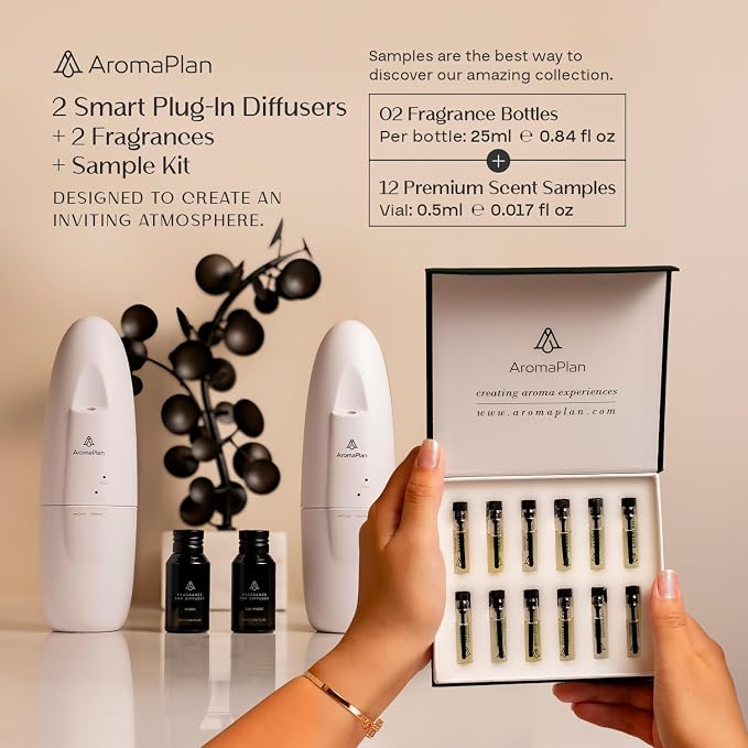 AromaPlan 5 Star Collection Plug in Diffuser (Fragrance+Sample Set Included)-Cold Air & Waterless Diffusers for Home & Office- Silent Wall Diffuser Plug in,Bluetooth App Control, 500 sq.ft -2 Devices