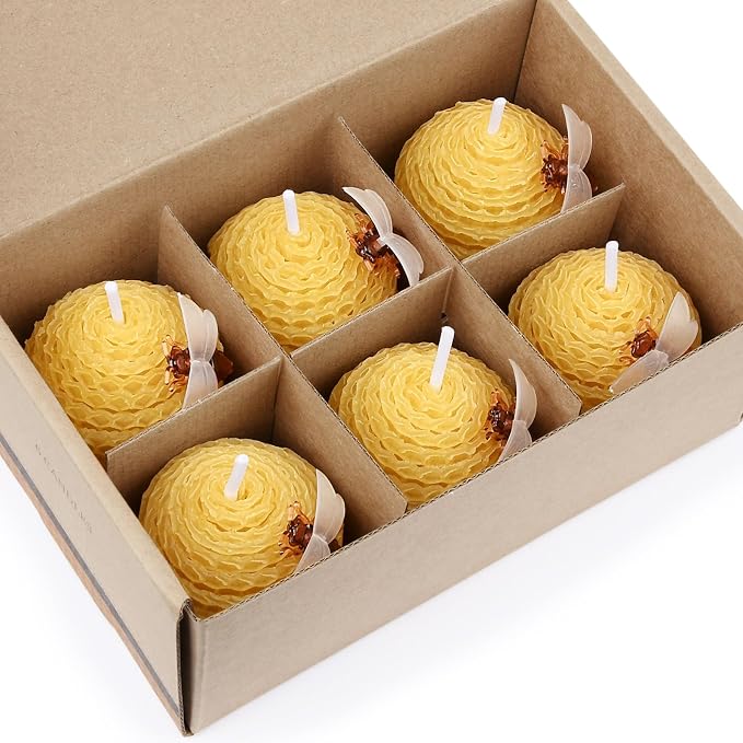 DEYBBY Natural Beeswax Candles Set of 6, Small Bees Wax Votive Candles with Little Bee Decorations as Housewarming Birthday Event Gift Party Favor (Yellow)