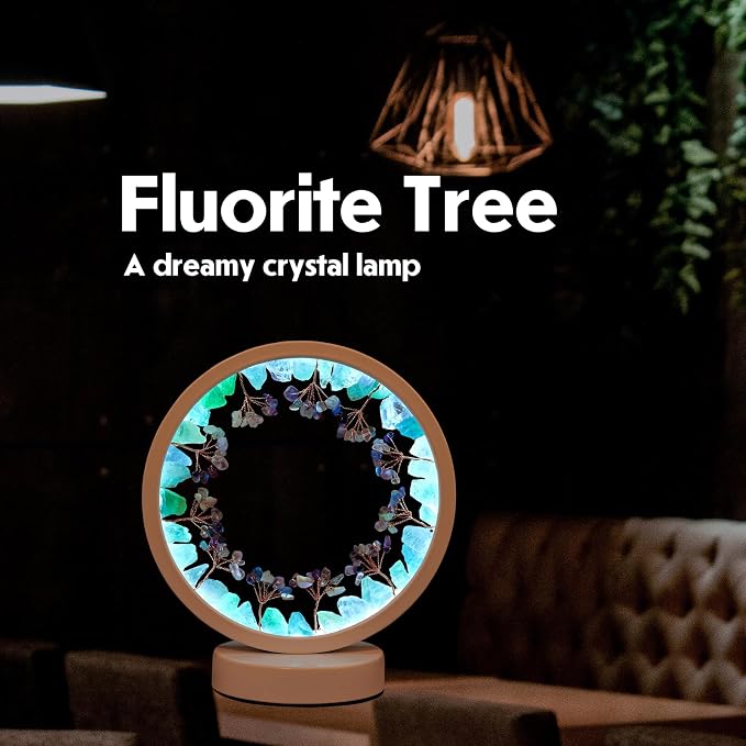 Runyangshi Natural Crystal Green Fluorite Small Tree Round White Frame Tri-Color Ambient Light Home Decoration Night Light Gift for Women