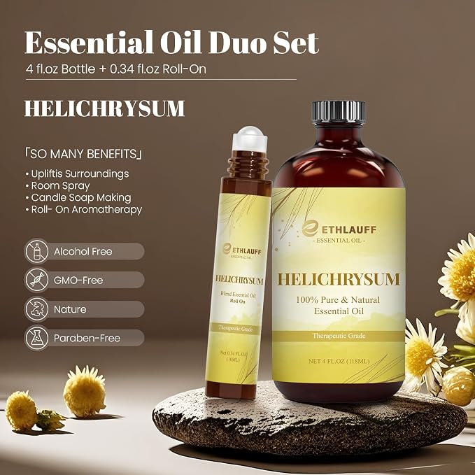 Helichrysum Extracts Essential Oil, 100% Natural Helichrysum Oil Premium Grade for Diffusers, Skin Care, Massage, Humidifiers, Stress Relief, with Glass Dropper