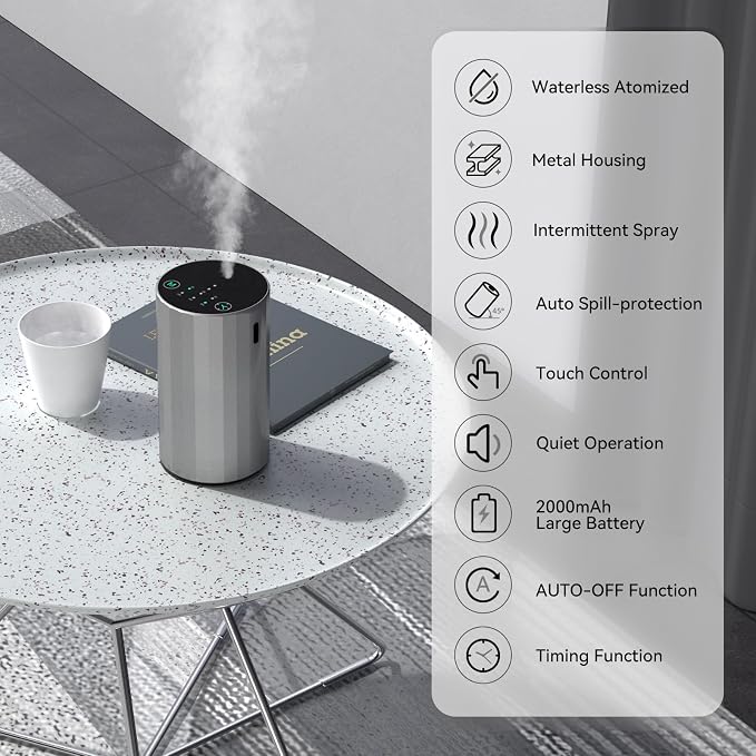 Waterless Essential Oil Diffuser Aromatherapy Scent Diffusers for Home Large Room, Bedroom, Car, Office, Desk, Battery Operated Mini Portable Air Freshener (Silvery)