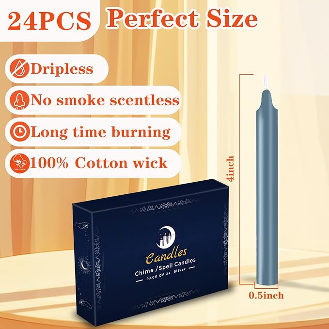 Kunrsug 24 Pack Silver Spell Chime Candles – Premium Mini Unscented Taper Candles for Rituals, Prayer, Birthdays, Meditation, Altar, Spells, Chime Candles - 4 Inch Tall - Ideal for Witches