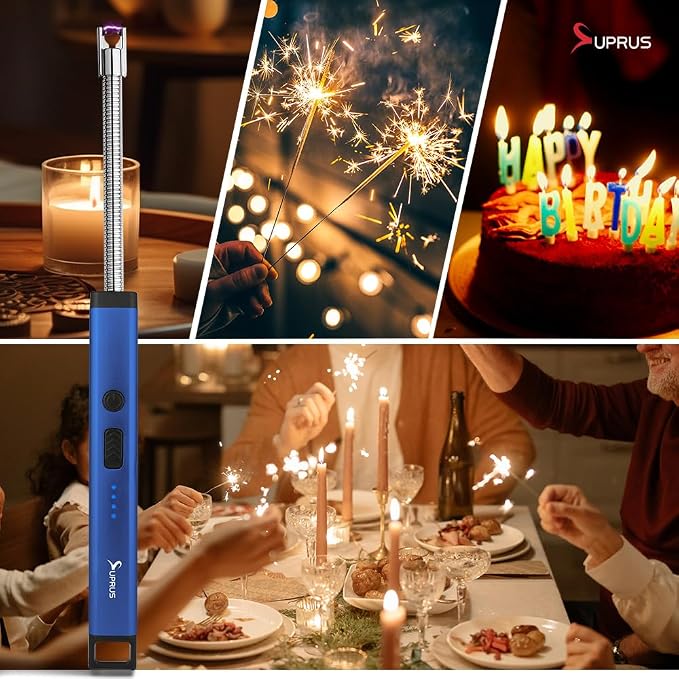SUPRUS Rechargeable Candle Lighter Electric Arc Triple Safety Long Lighter Stainless Steel Shell & Hanging Hook (Blue)