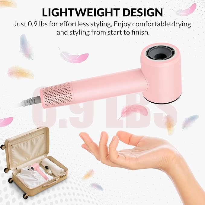 Chignon Hair Dryer with Diffuser, Ionic Travel Hairdryer with 160,000 RPM High-Speed Motor for Fast Drying, 1600W Lightweight Blow Dryer with Concentrator for Women Men, Professional Salon Home, Pink