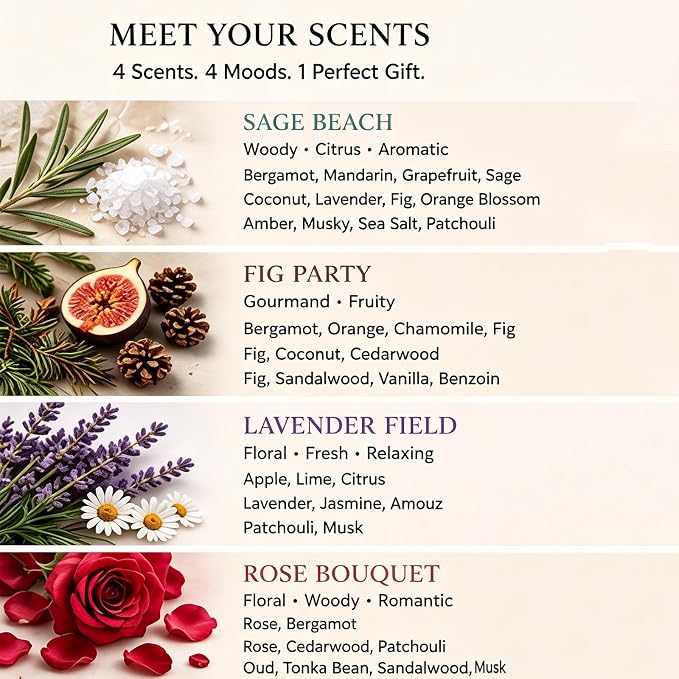 4-Pack Soy Candle Gift Set, Natural Aromatherapy Candles - Sea Salt Sage, Fig Fir, Lavender Eucalyptus, Velvet Rose, 5oz Each 150 Hour, Aromatherapy Candle Gift Set for Home, Relaxation & Spa