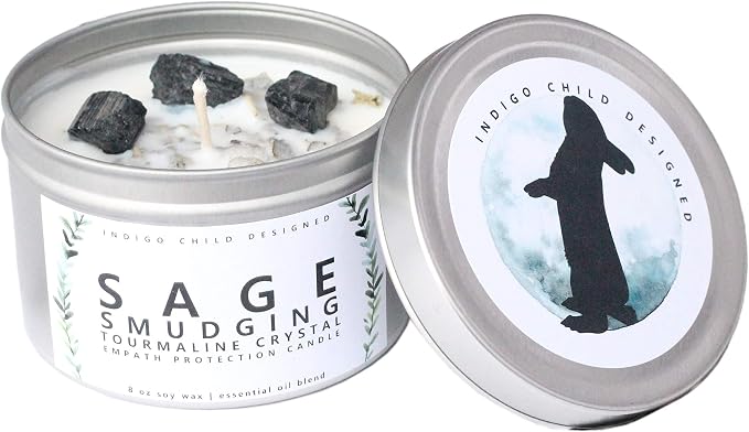 Empath Energy Clearing 8 Oz. Candle, Smudging, Clear Negative Energy, Sage with Black Tourmaline Crystals
